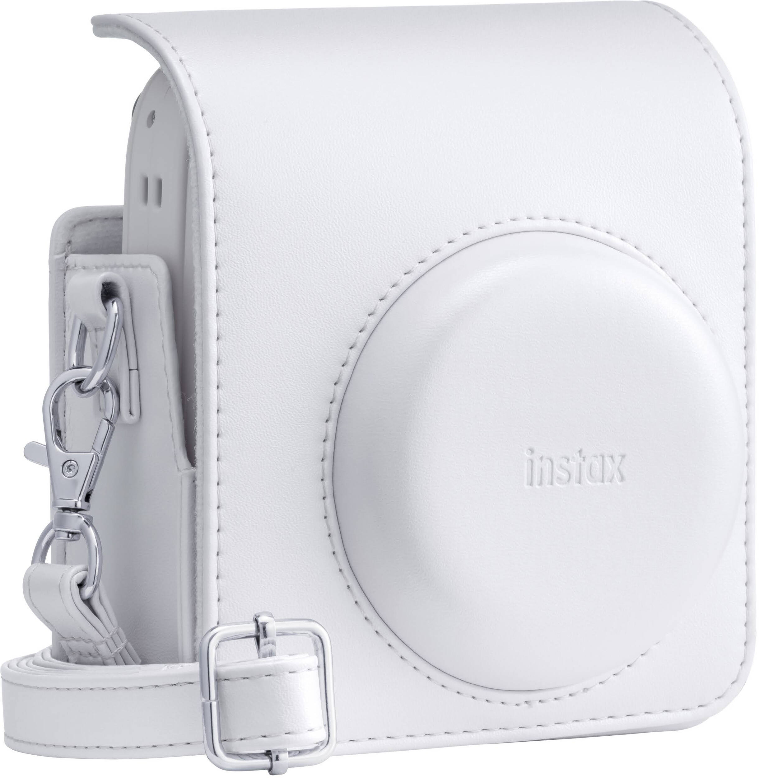 Étui blanc Instax en cuir avec sangle et boucles.