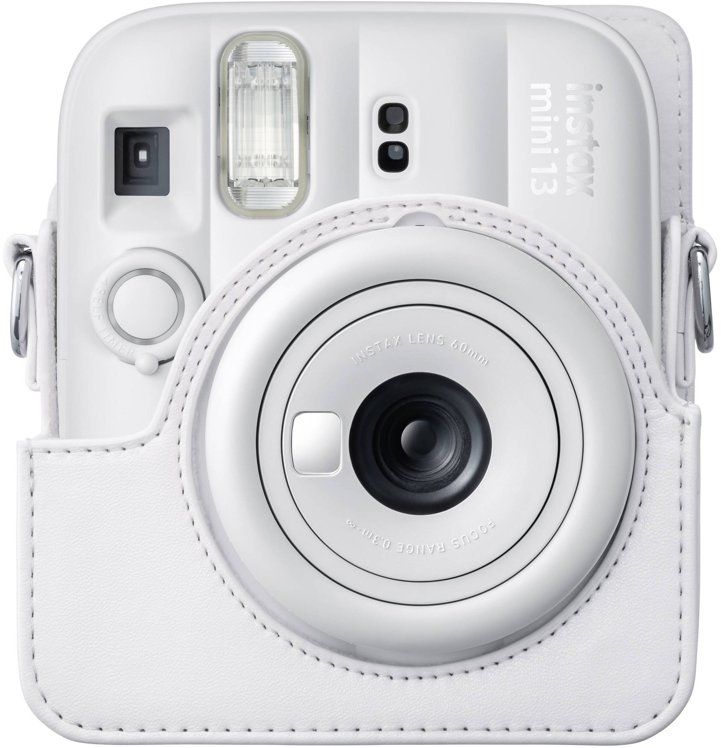 Appareil photo instantané blanc avec étui en cuir et objectif.