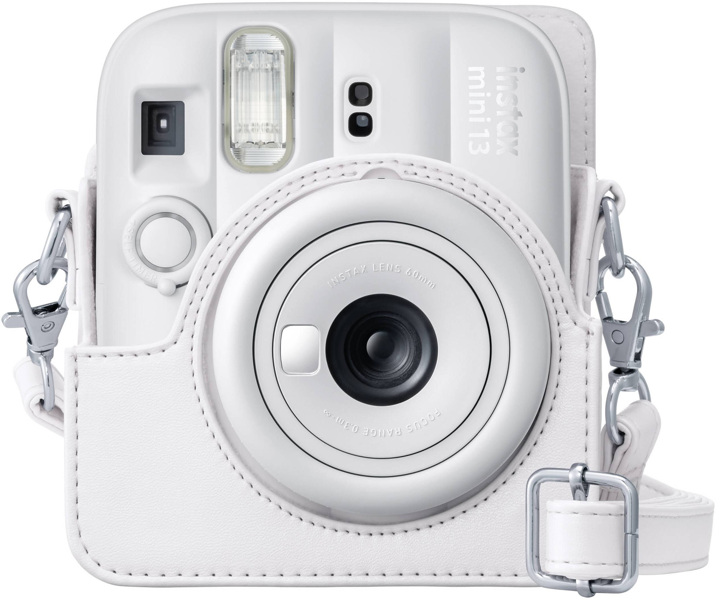 Appareil photo instantané blanc avec étui en cuir blanc et sangle.