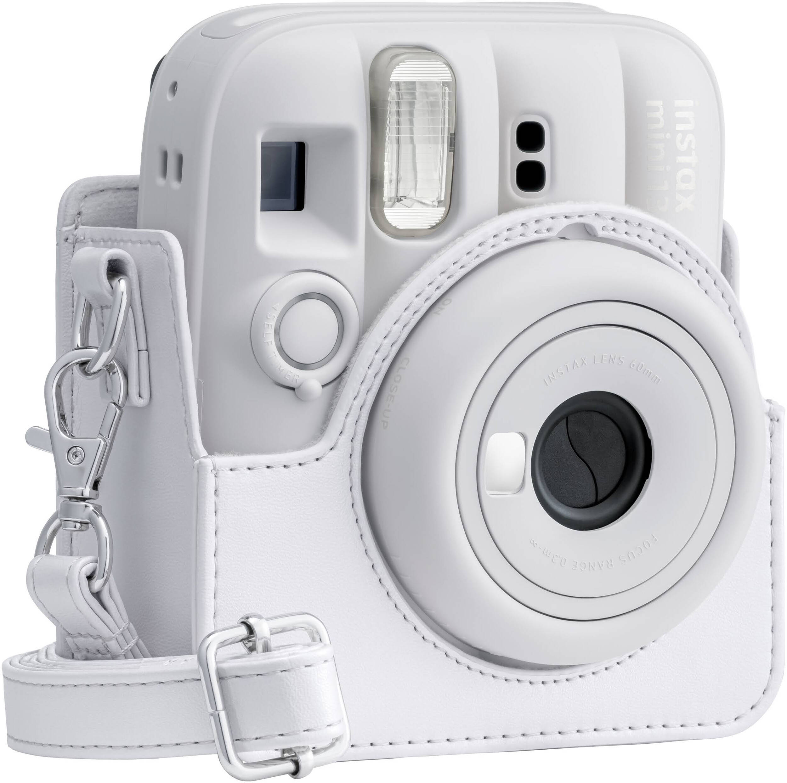 Appareil photo Instax Mini 12 blanc avec étui et lanière en cuir blanc.