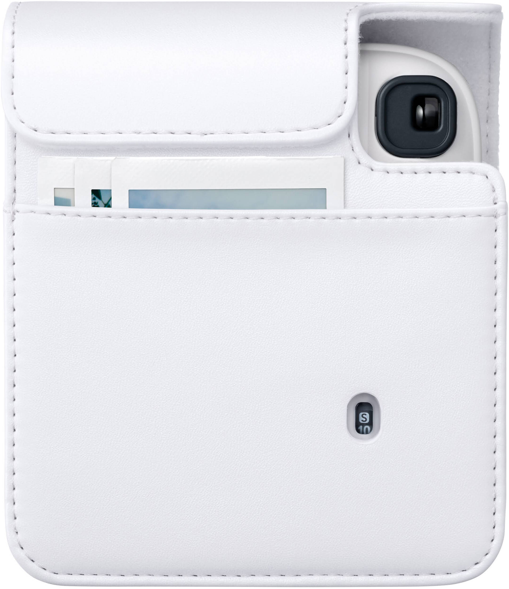 Étui blanc en cuir pour appareil photo avec objectif et photos. Compteur S et 10.