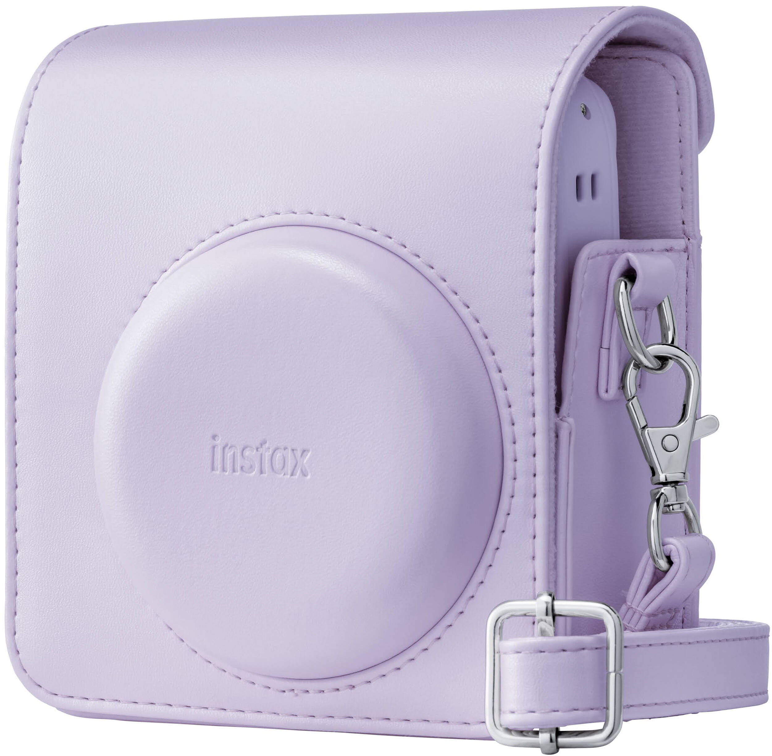 Un étui pour appareil photo Instax lavande avec une sangle et des ferrures argentées.