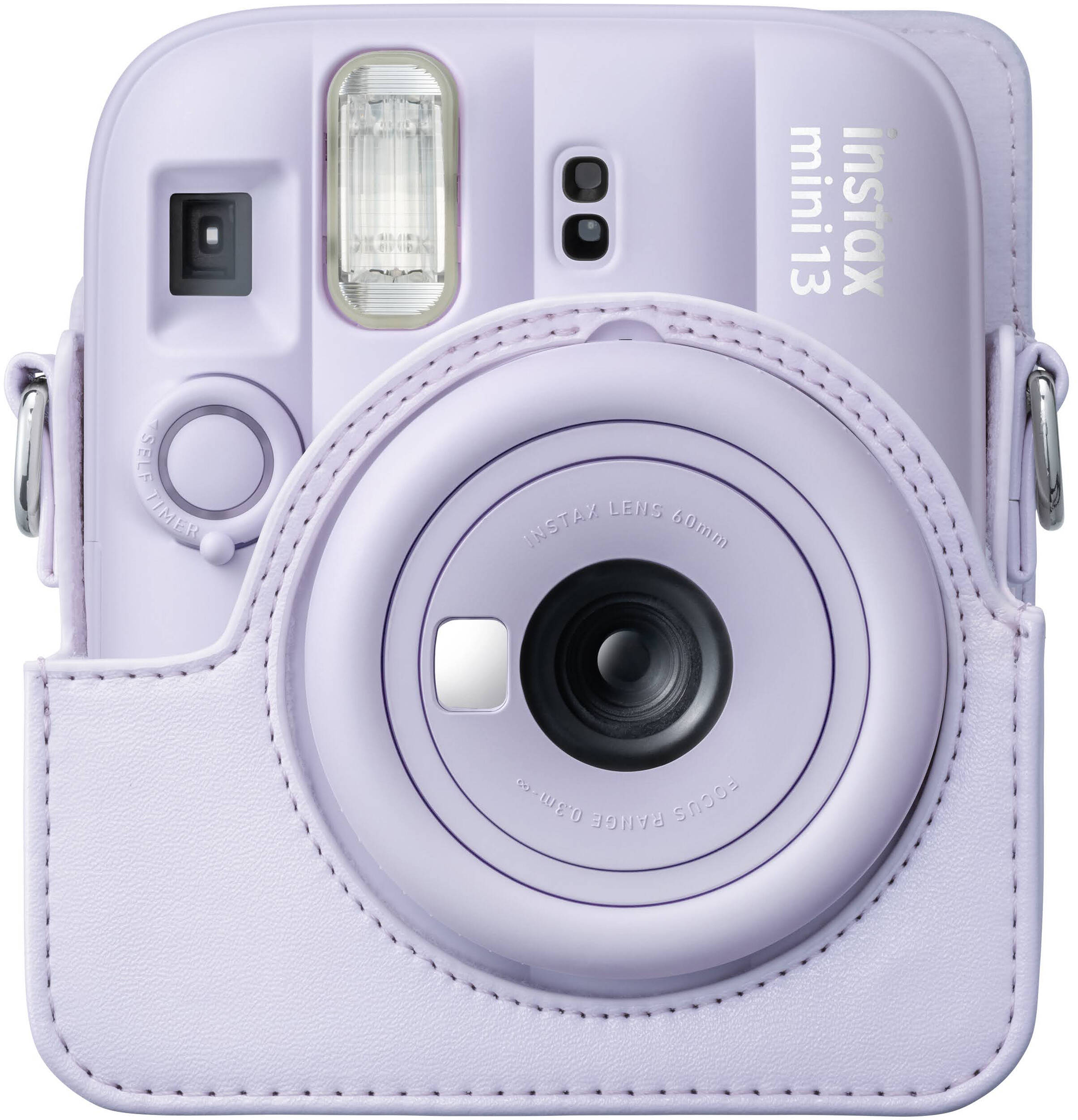 Un appareil photo instantané lavande dans un étui en cuir avec objectif et flash.