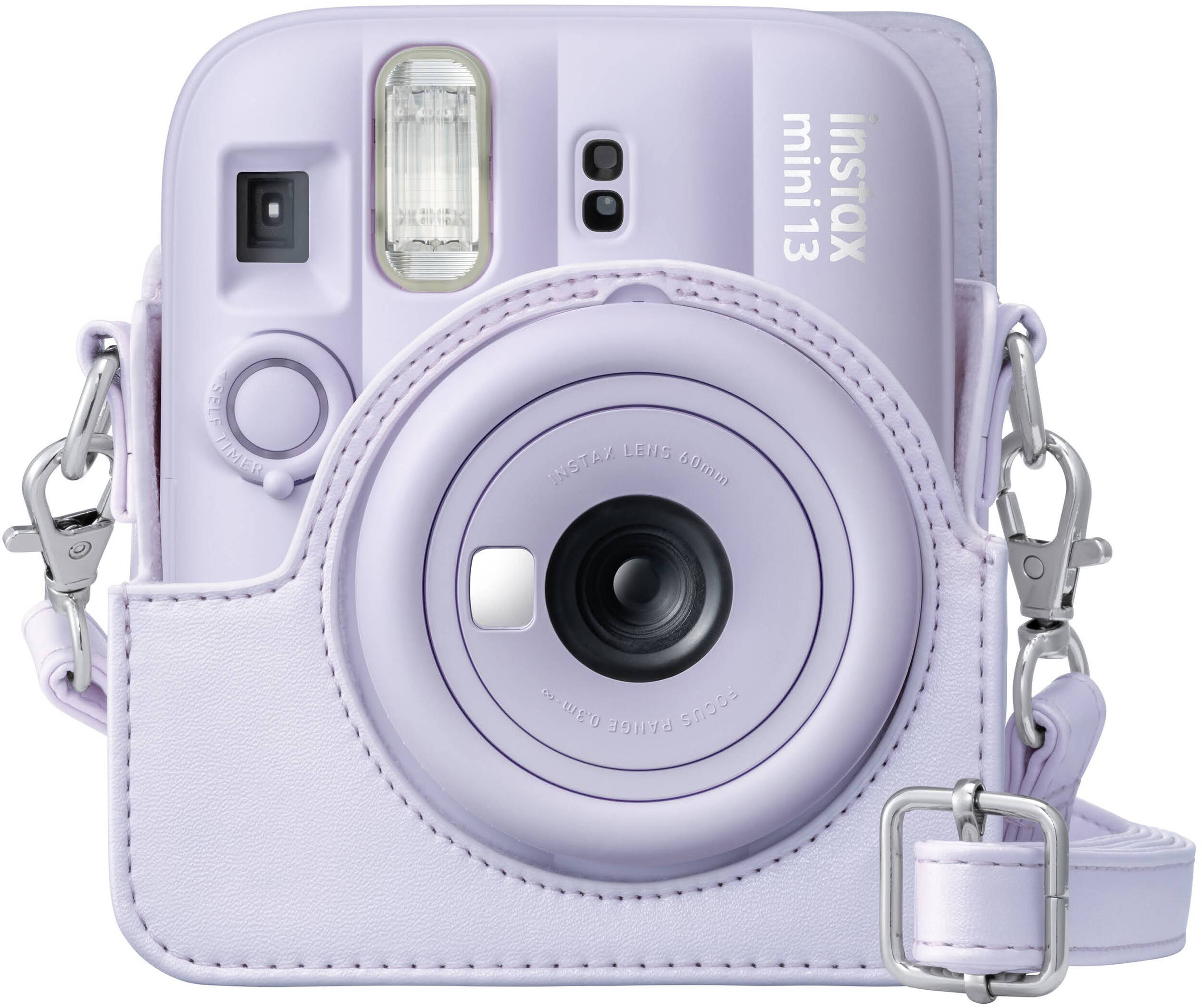 Un appareil photo Instax Mini 13 lavande avec étui et sangle assortis.