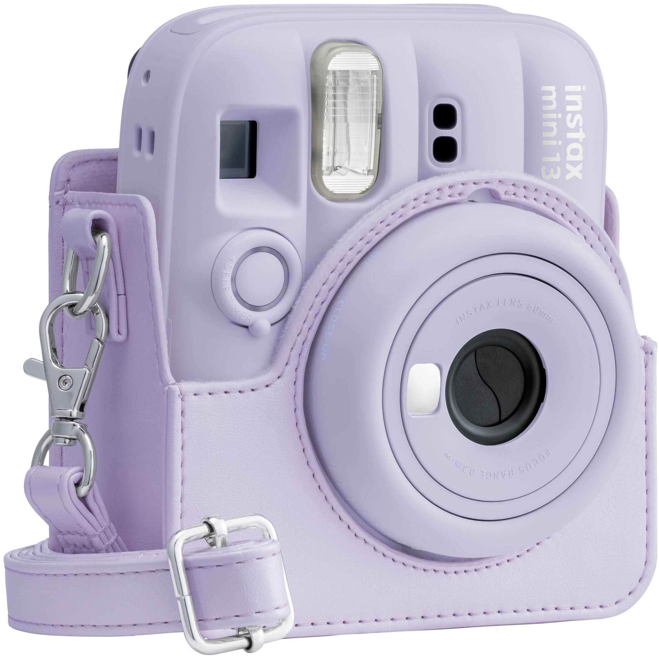 Un appareil photo instantané lavande avec étui et sangle en cuir assortis.