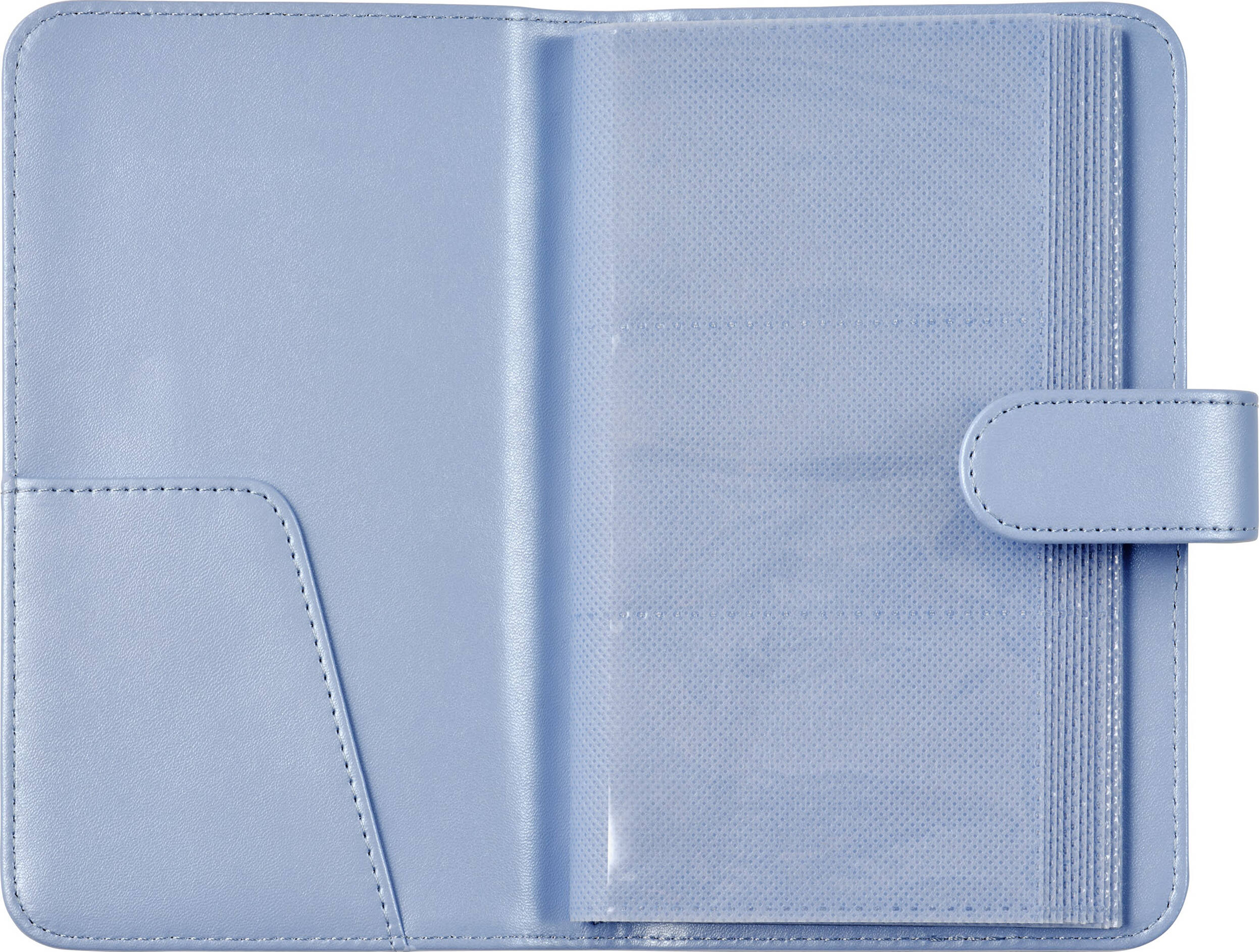 Hellblaue PU-Leder-Fototasche mit transparenten Hüllen und einem Schnappverschluss.