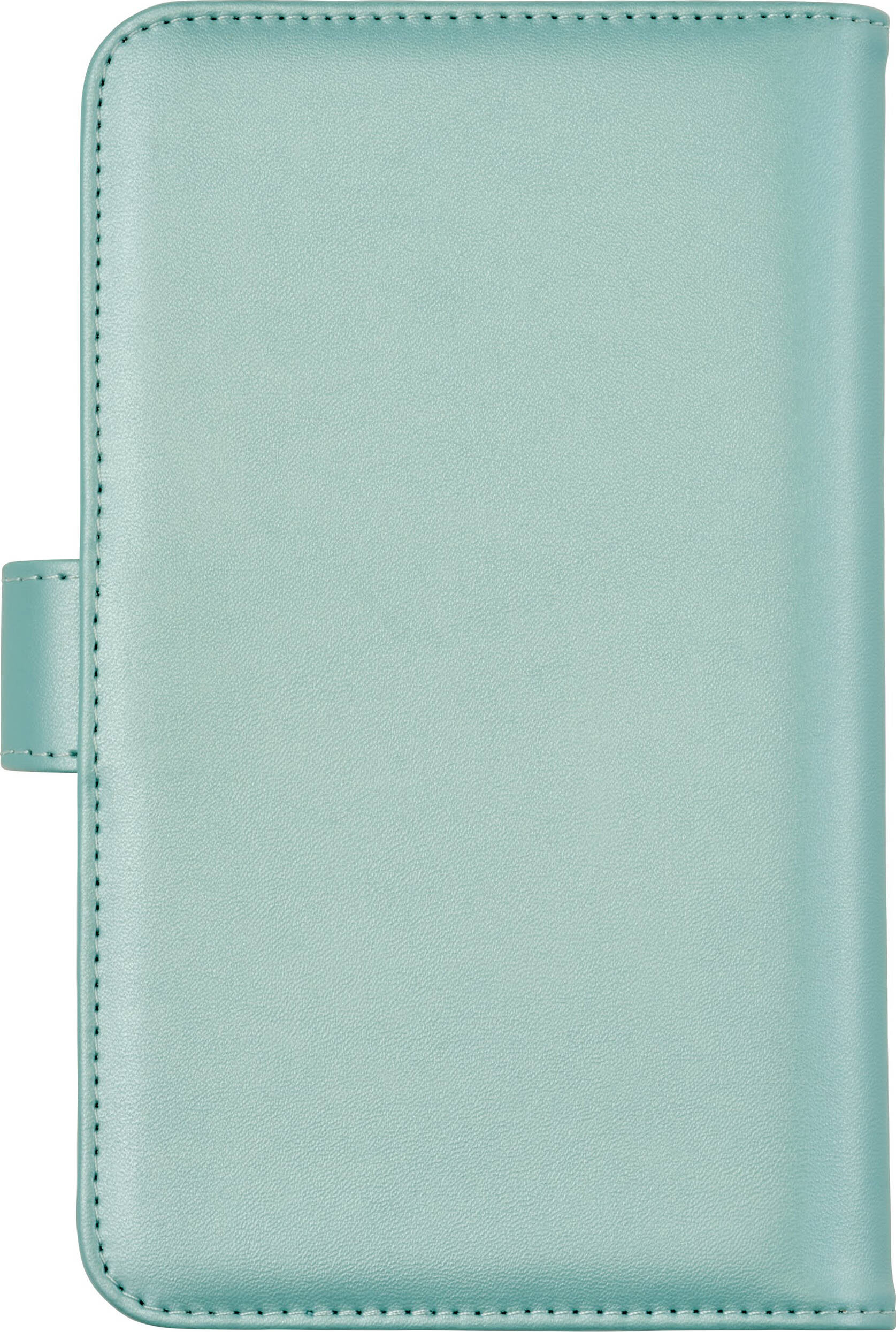 Couverture en cuir bleu sarcelle clair avec coutures et fermeture à sangle.