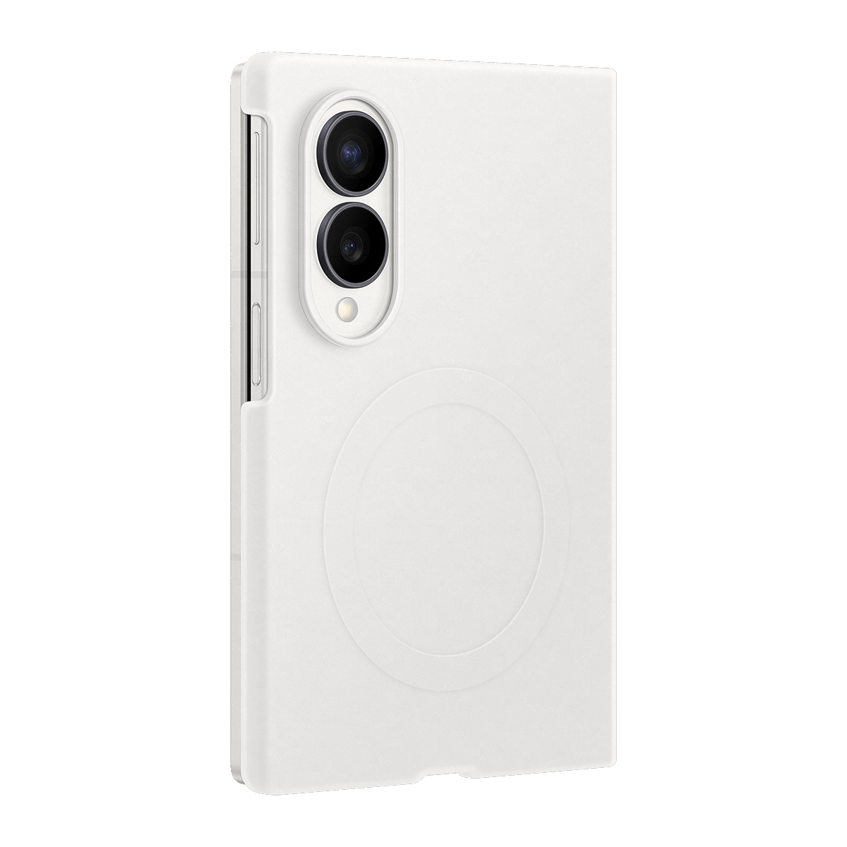 Arkada iki kamera ve flaşlı beyaz telefon kılıfı.