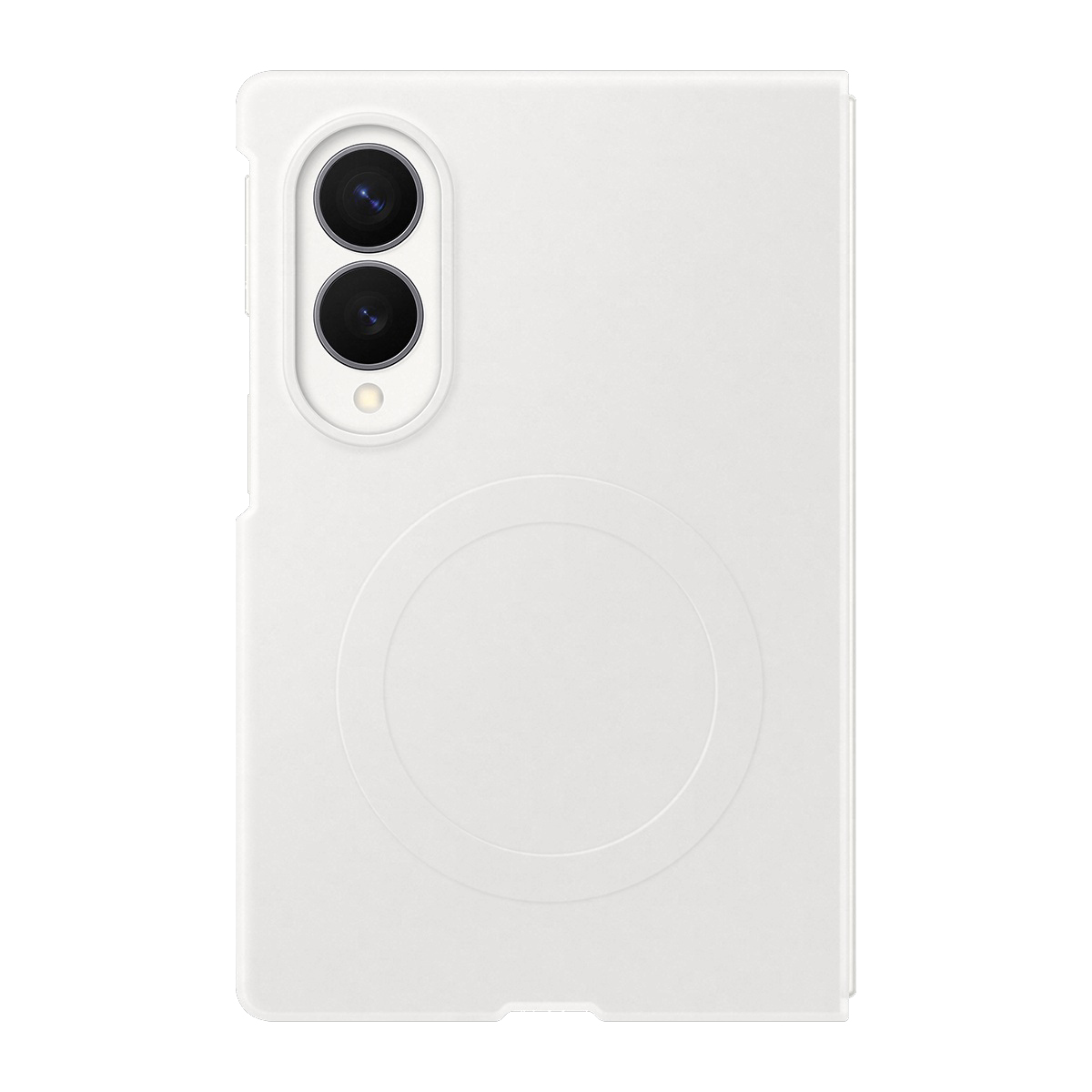 İki kamera lensi ve dairesel tasarıma sahip beyaz telefon kılıfı.
