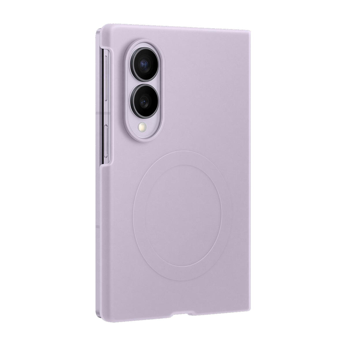 Kamera modülü ve dairesel deseni olan mor telefon kılıfı.