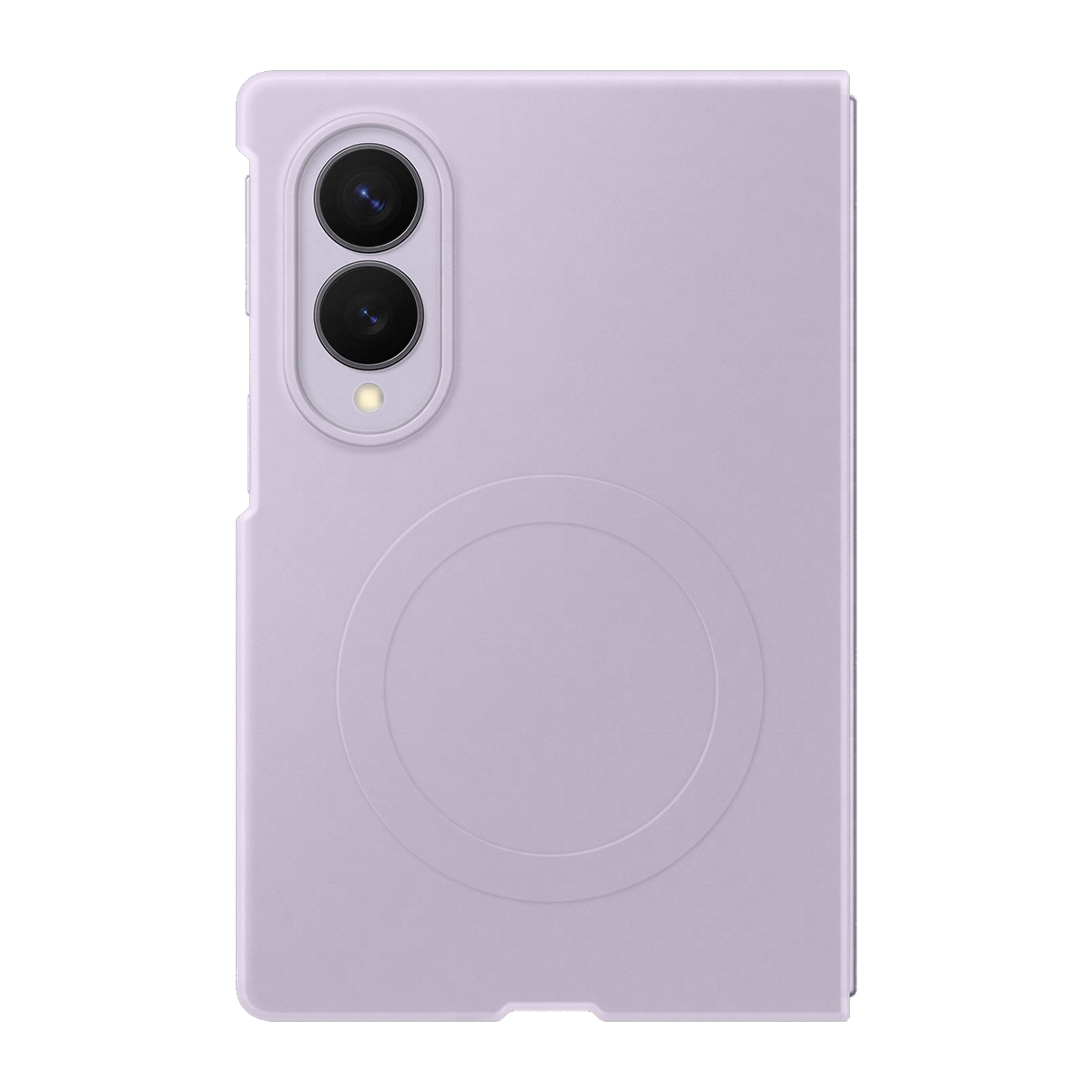 İki kamera lensli ve flaşlı açık mor telefon kılıfı.
