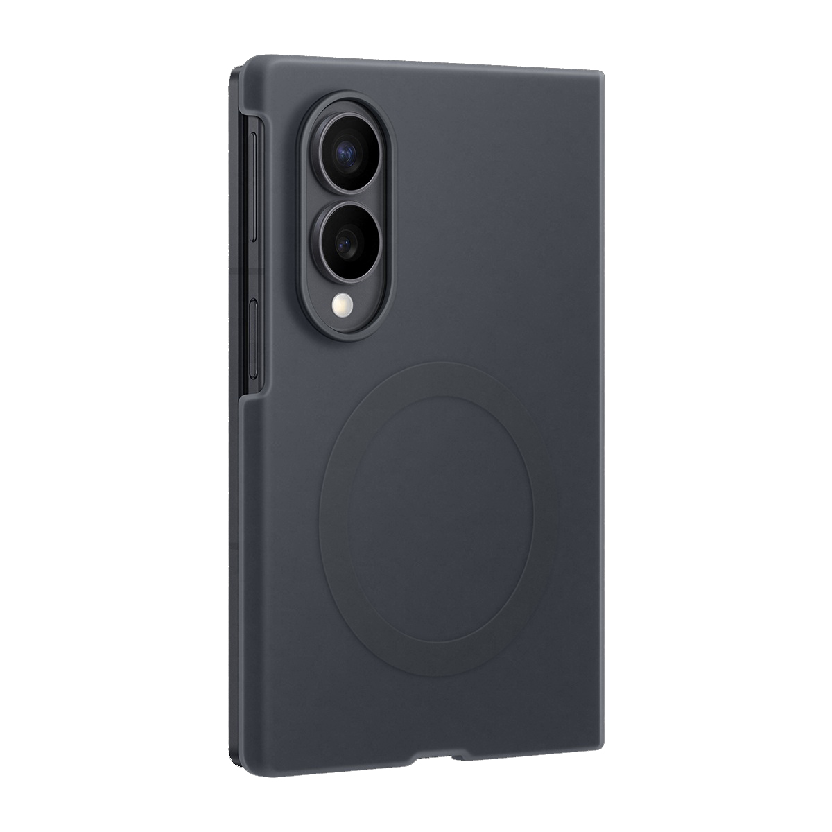 Arkada iki kamera ve dairesel tasarıma sahip koyu gri telefon kılıfı.