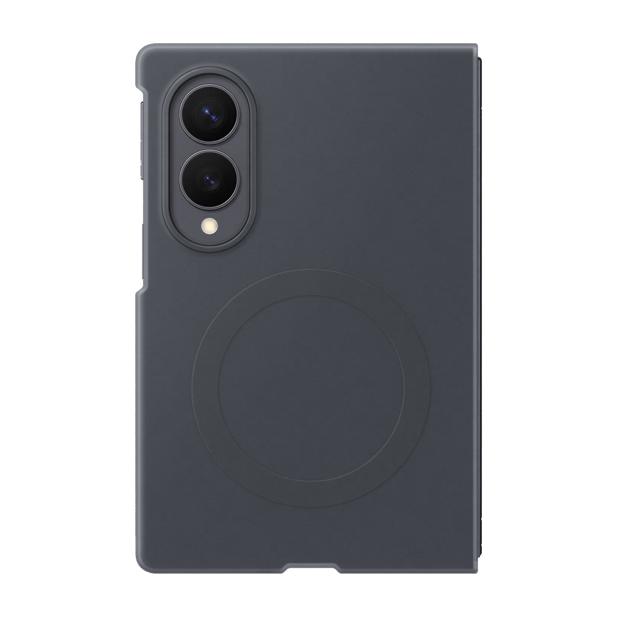 İki kamera lensi ve flaşlı koyu gri telefon kılıfı. Dairesel kabartmalı tasarım.
