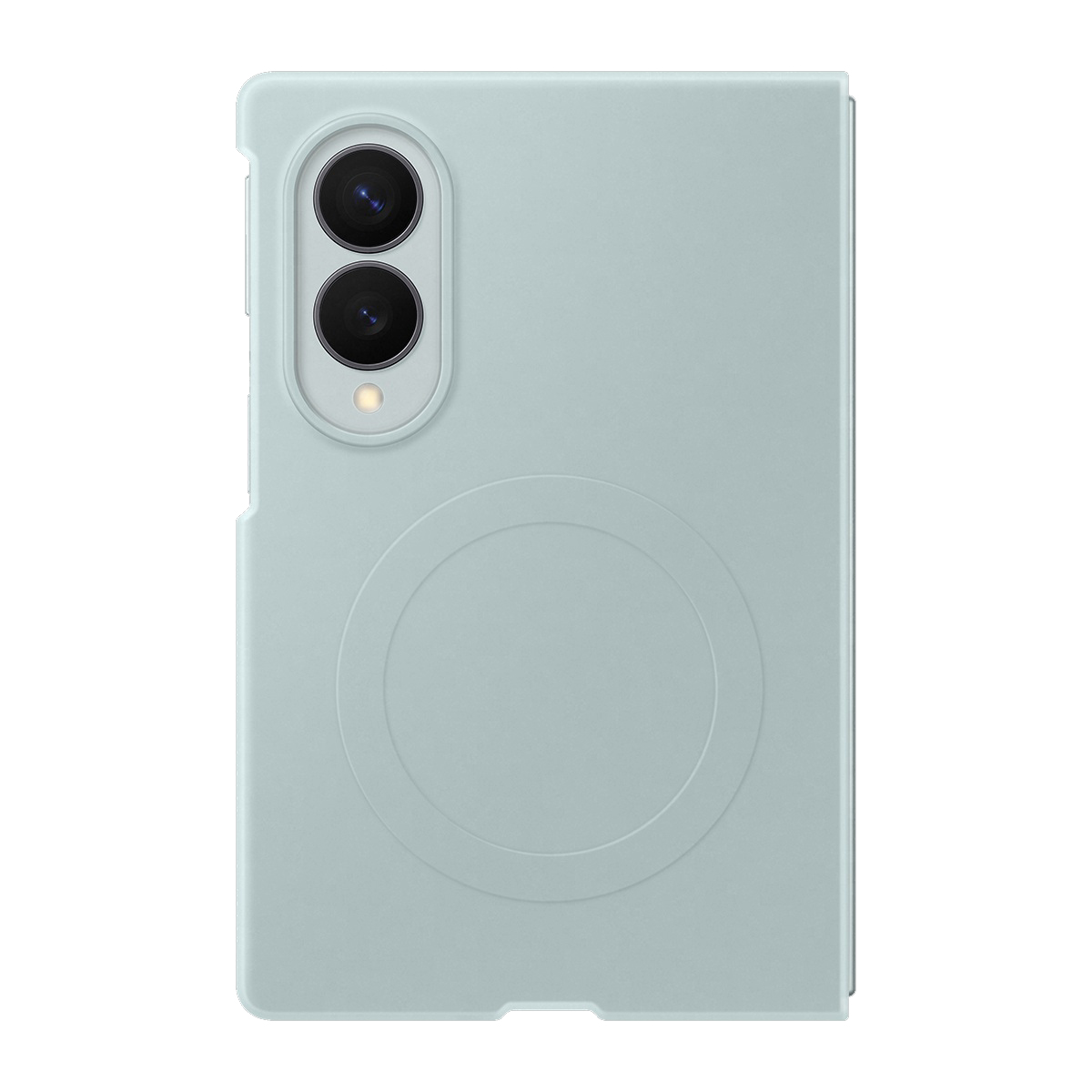Arkada iki kamera lensi ve daire bulunan açık mavi telefon kılıfı.