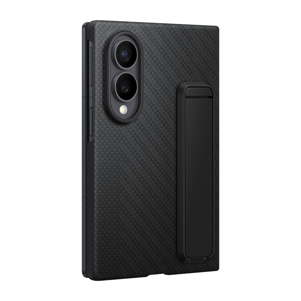 Entegre stantlı siyah karbon desenli telefon kılıfı.