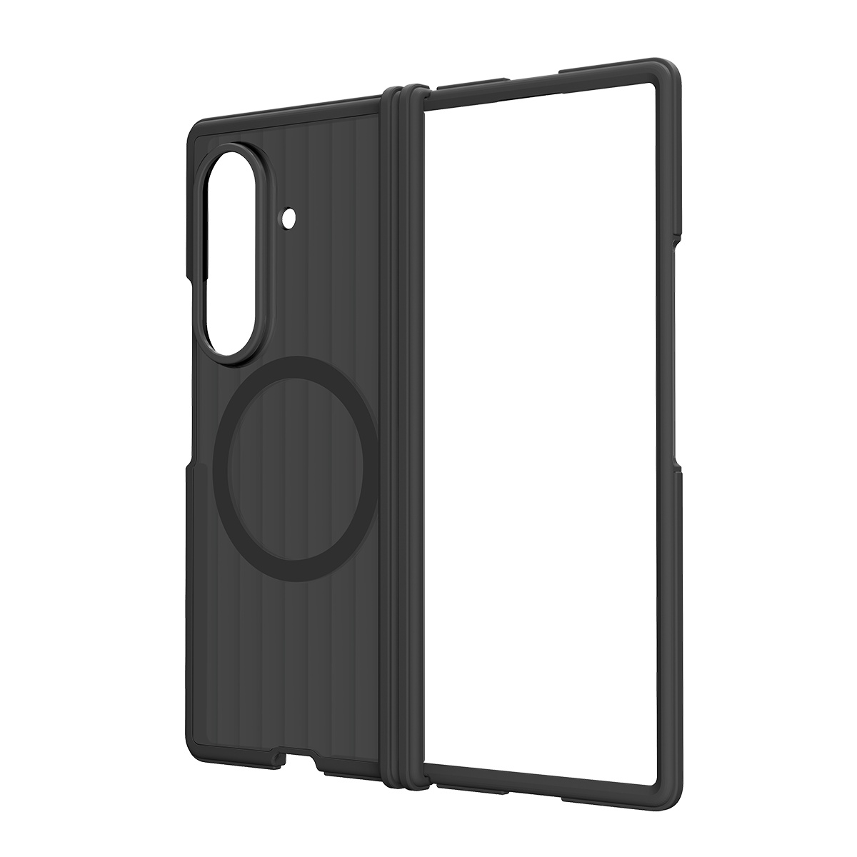 Açık siyah katlanabilir telefon kılıfı, kamera kesiği ve dairesel mıknatıs alanı.
