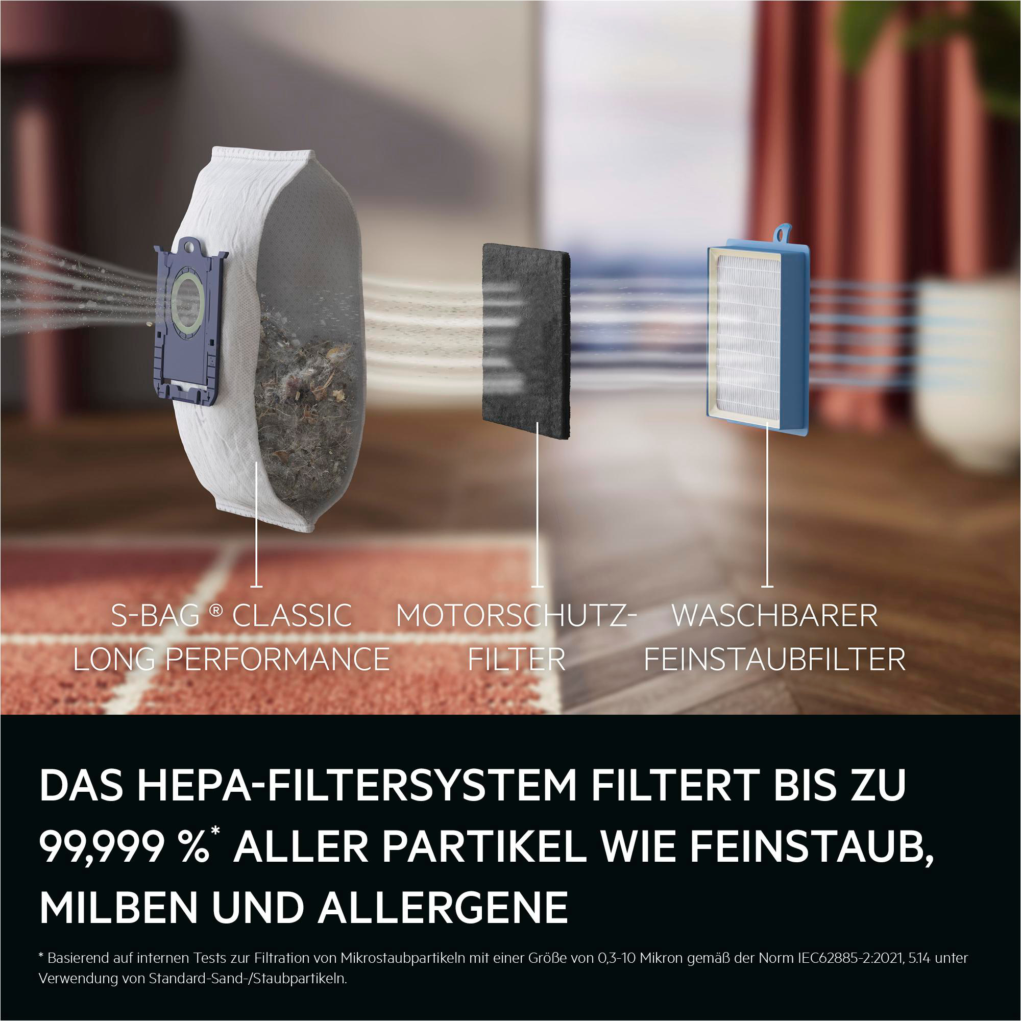 Staubsaugerbeutel, Motorschutz- und Fein­staub­filter mit HEPA-Filter­system.