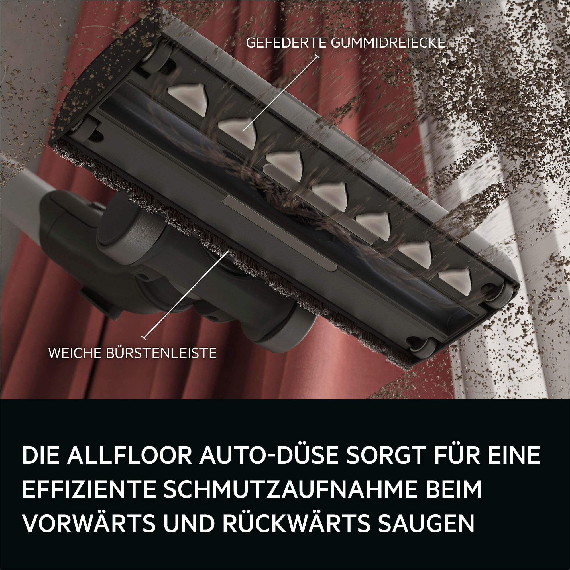 Staubsaugerdüse mit Borsten und Gummiecken saugt Schmutz auf.