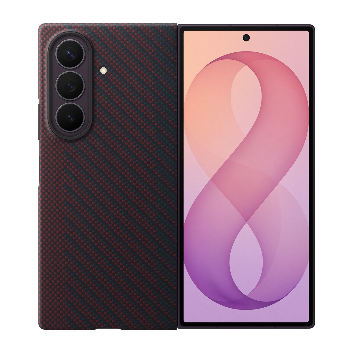 Kırmızı karbon fiber desenli arkası ve açık ekranı olan katlanmış bir akıllı telefon.