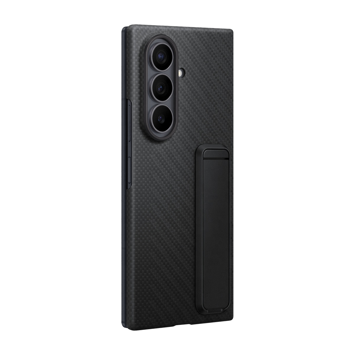 Karbon dokulu siyah telefon kılıfı, üç kamera ve entegre stant.