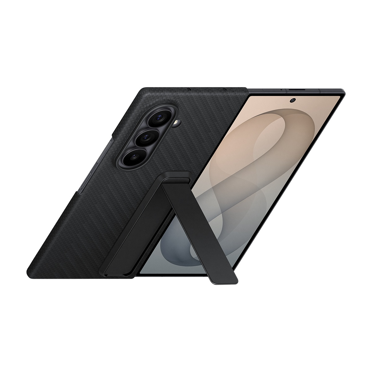 Karbon desenli kılıflı ve entegre stantlı siyah akıllı telefon.