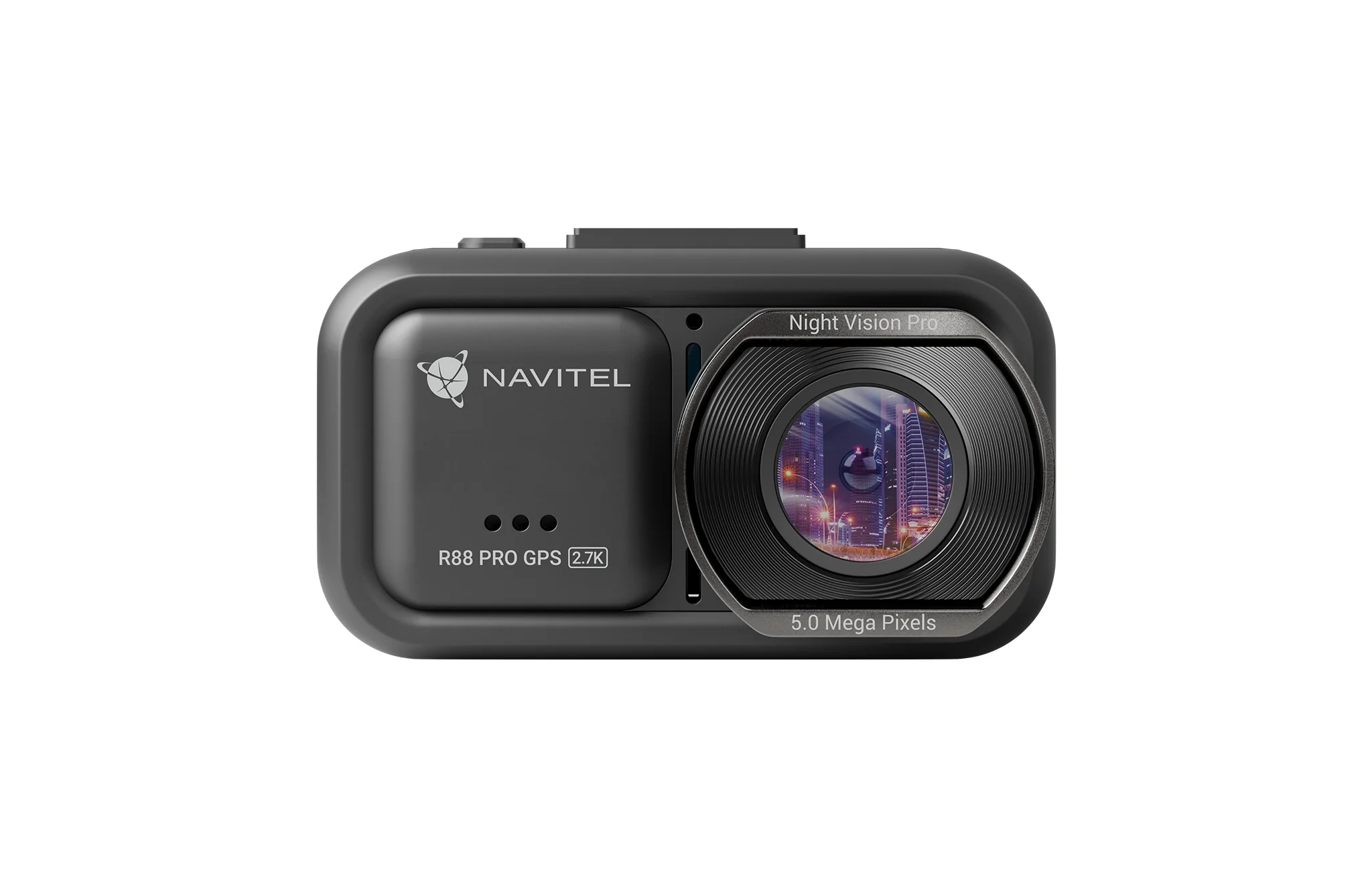 Fekete Navitel R88 PRO GPS műszerfali kamera éjjellátóval, városi égbolttal.