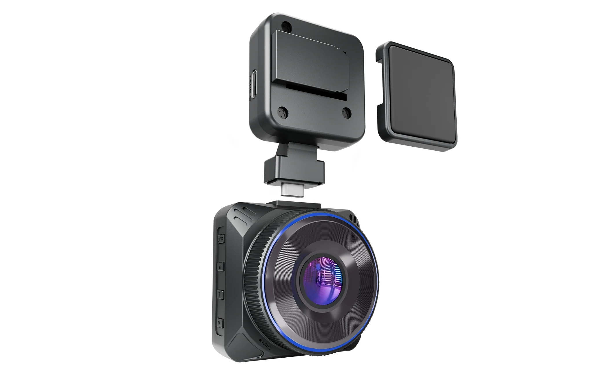 Fekete autós dashcam, felül USB-C csatlakozóval és kerek lencsével.