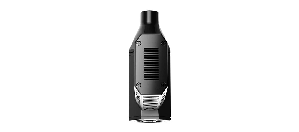 Egy fekete vaporizer szellőzőrésekkel és csavarokkal.