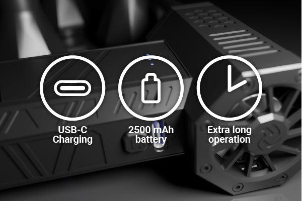Fekete készülék USB-C töltés, 2500 mAh akkumulátor és hosszú üzemidő ikonokkal.