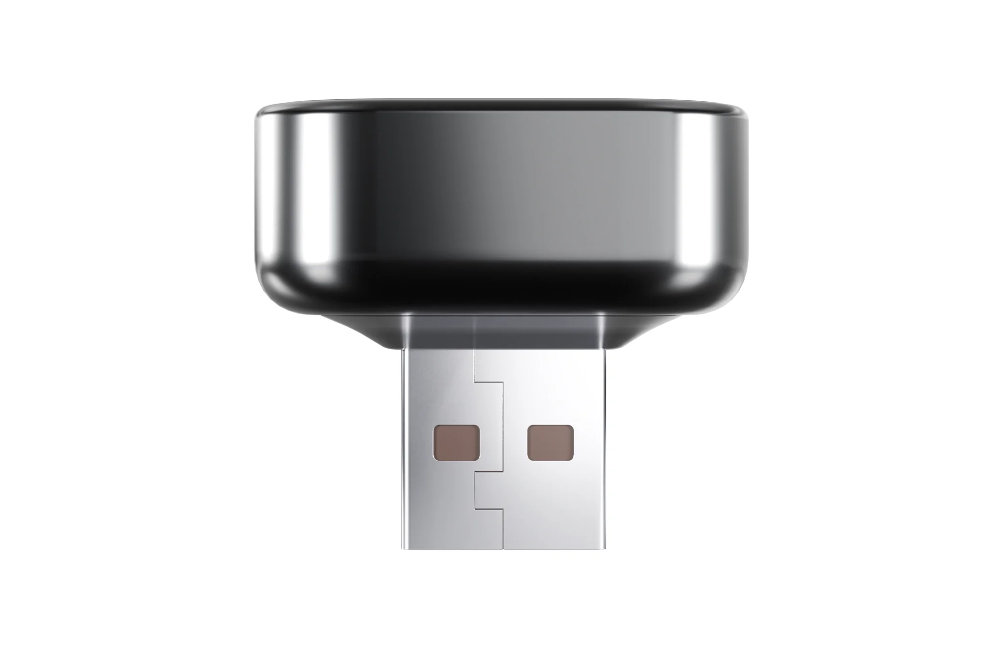 Ezüst USB meghajtó fekete házzal és barna érintkezőkkel.