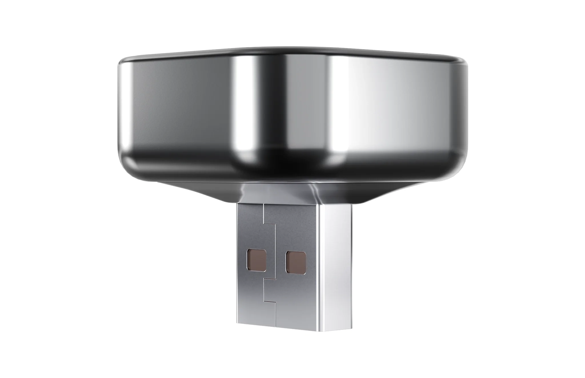 Egy ezüst USB-meghajtó lekerekített felső házzal.