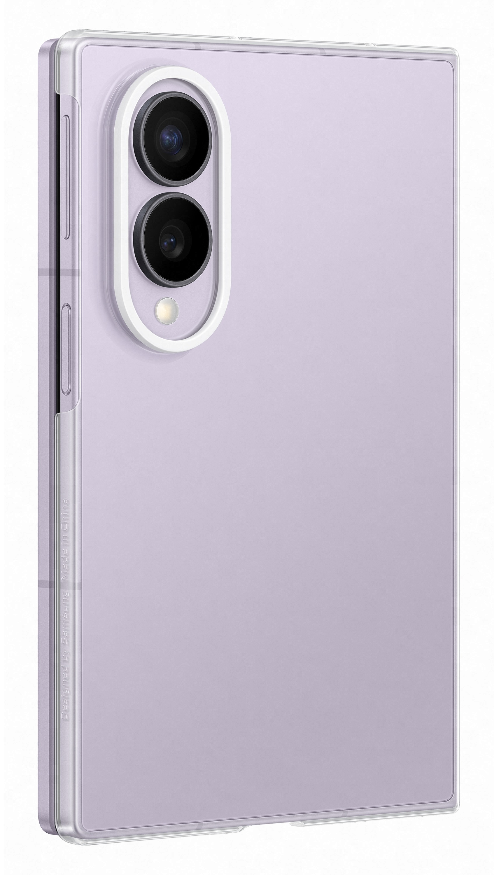 Jasnofioletowe etui na telefon z widocznym modułem aparatu i przyciskami.