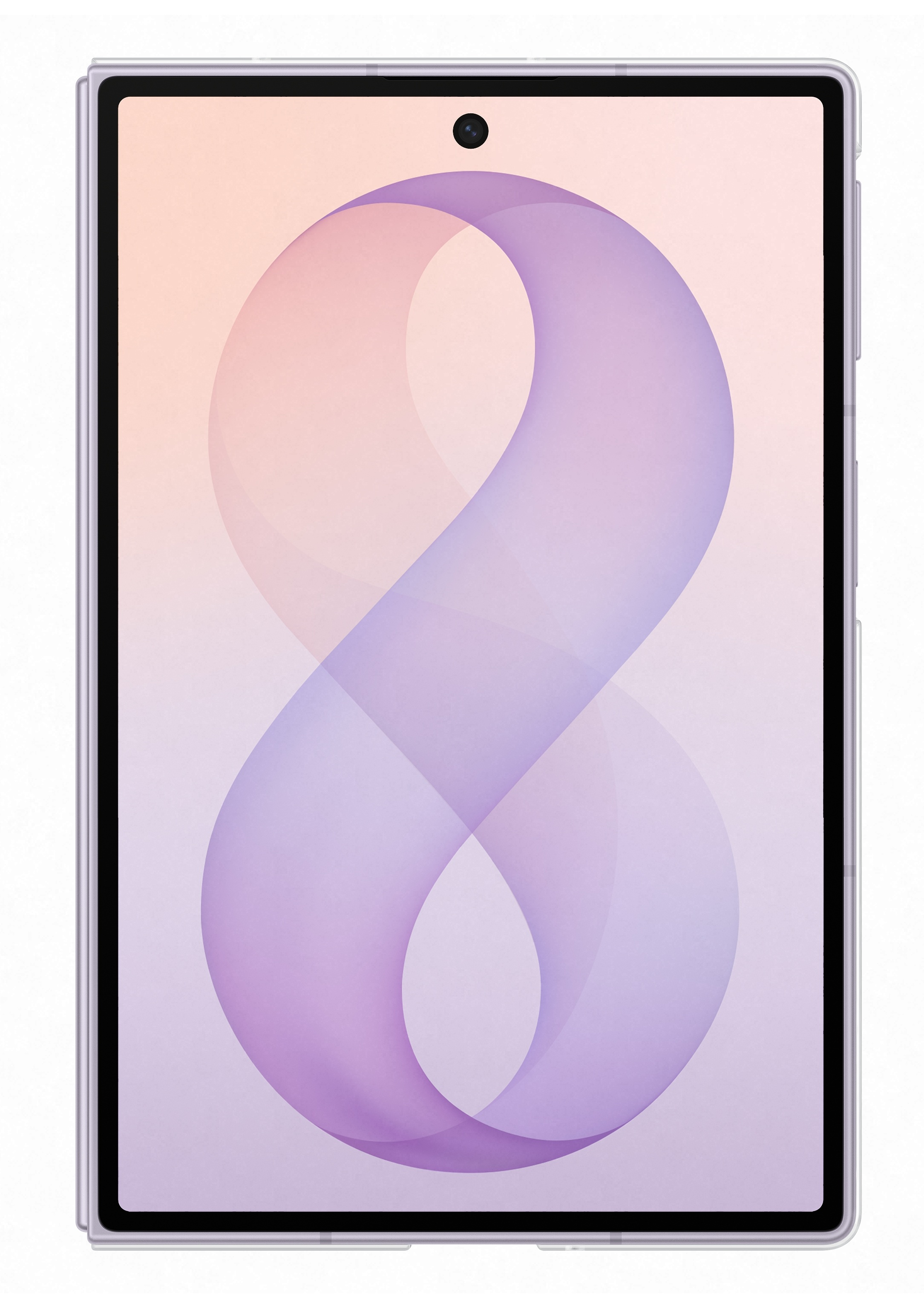 Srebrny tablet z fioletowym wzorem ósemki na ekranie.
