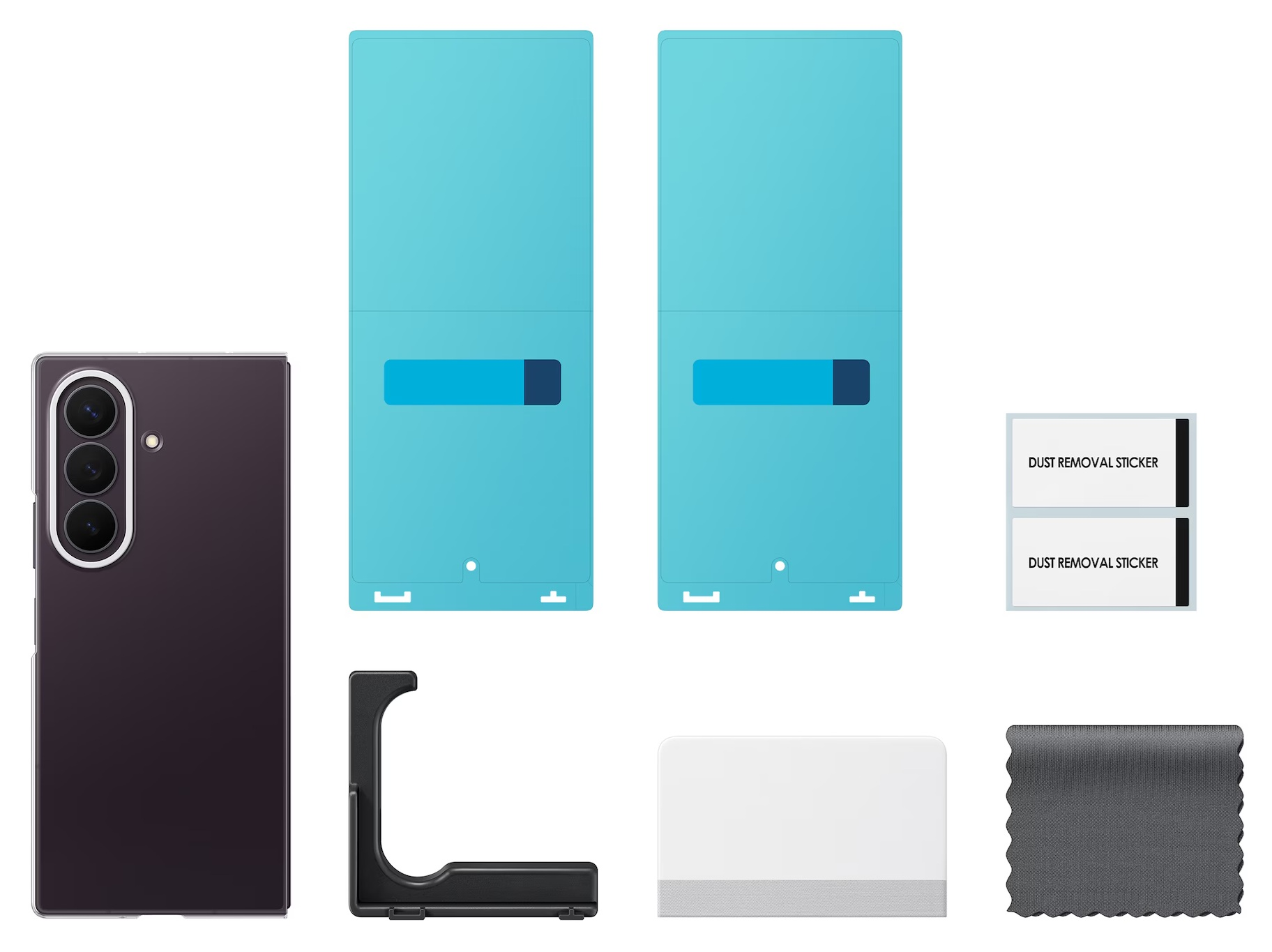 Smartfon z aparatem, niebieskie folie ochronne, naklejki przeciwkurzowe, rakiel i ściereczka.