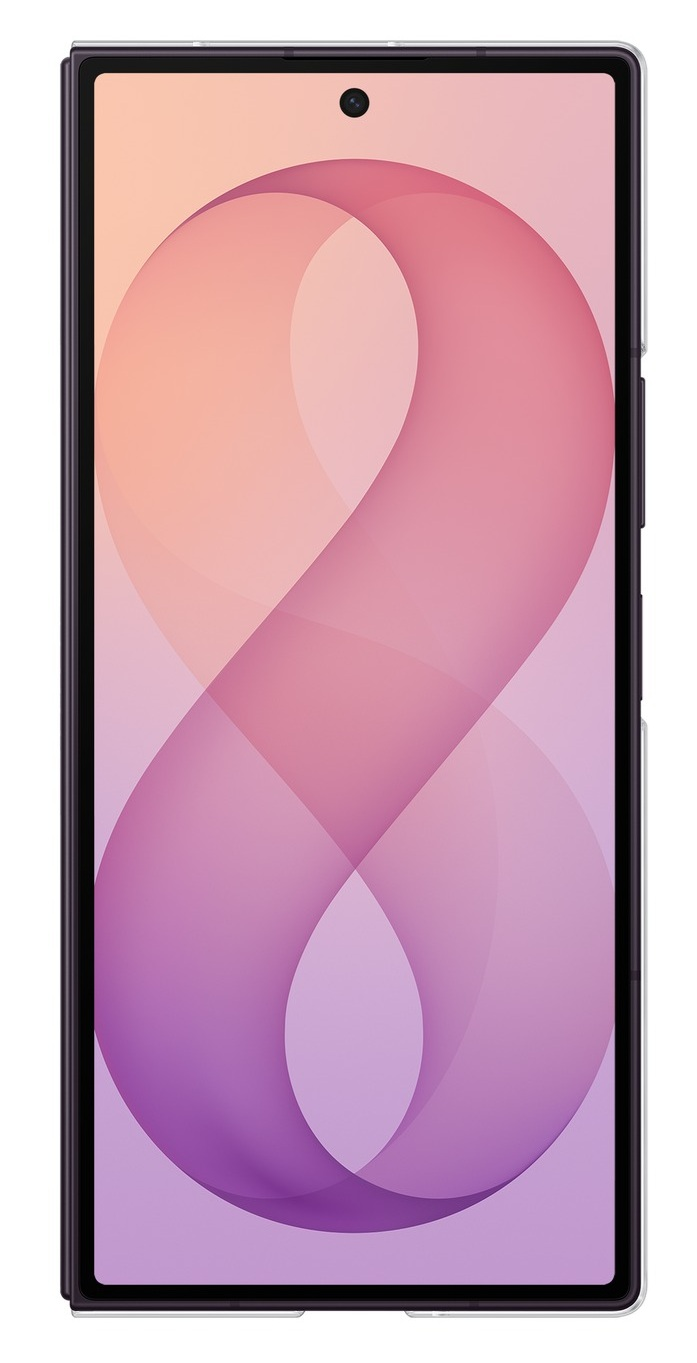 Ciemny smartfon z fioletowo-różową tapetą w faliste wzory.