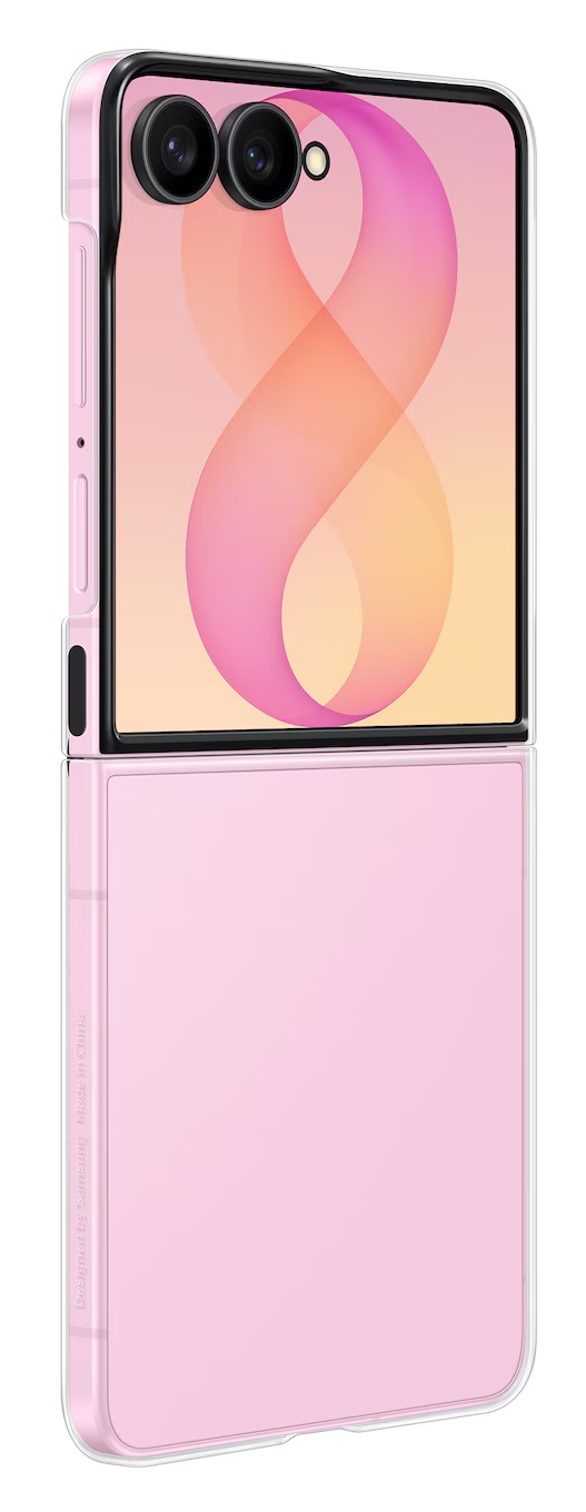 Różowy telefon składany z dwoma aparatami i stylizowanym ekranem.