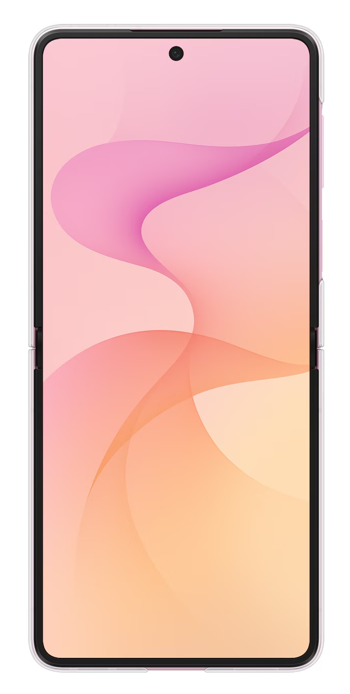 Zamknięty smartfon z tapetą w różowo-pomarańczowy wzór fal.