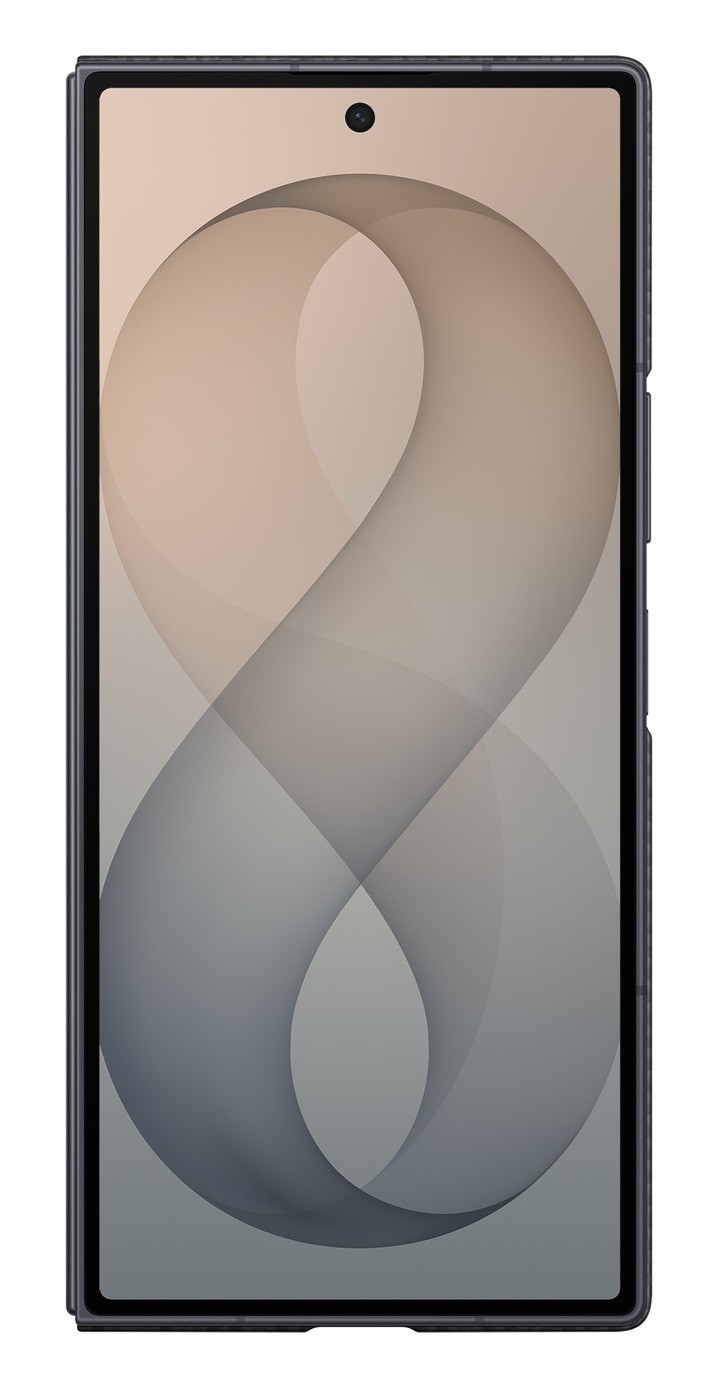 Ciemny smartfon wyświetlający surrealistyczny wzór ósemki na ekranie.