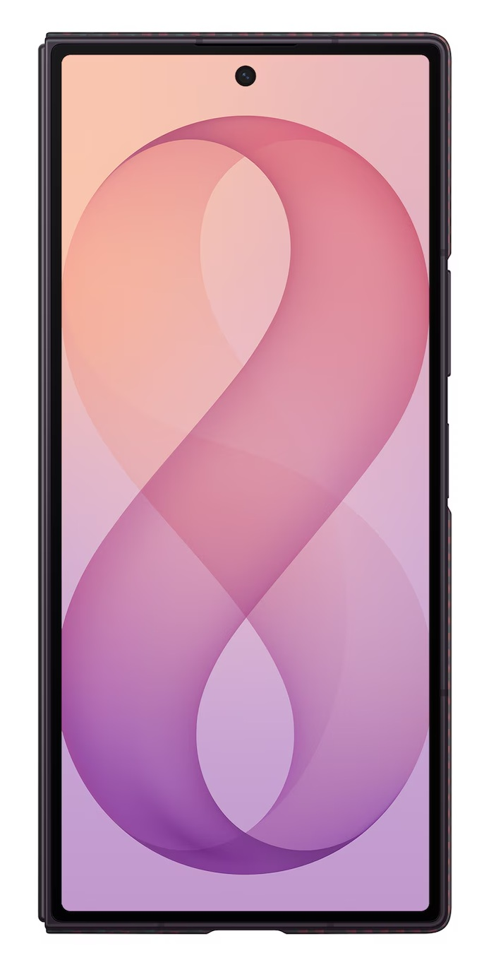 Smartfon z abstrakcyjnym, zakrzywionym wzorem w odcieniach różu i fioletu.