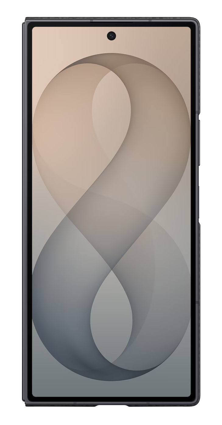 Ciemny smartfon z abstrakcyjną, zakrzywioną tapetą.