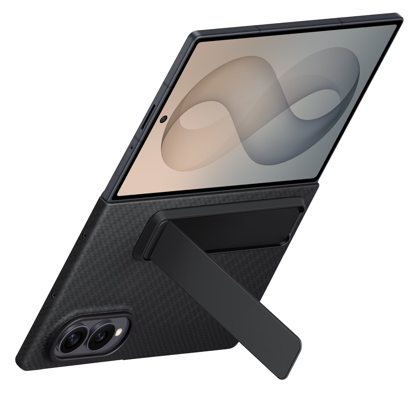 Czarny tablet w etui z wzorem karbonu, stojakiem i dwoma aparatami.