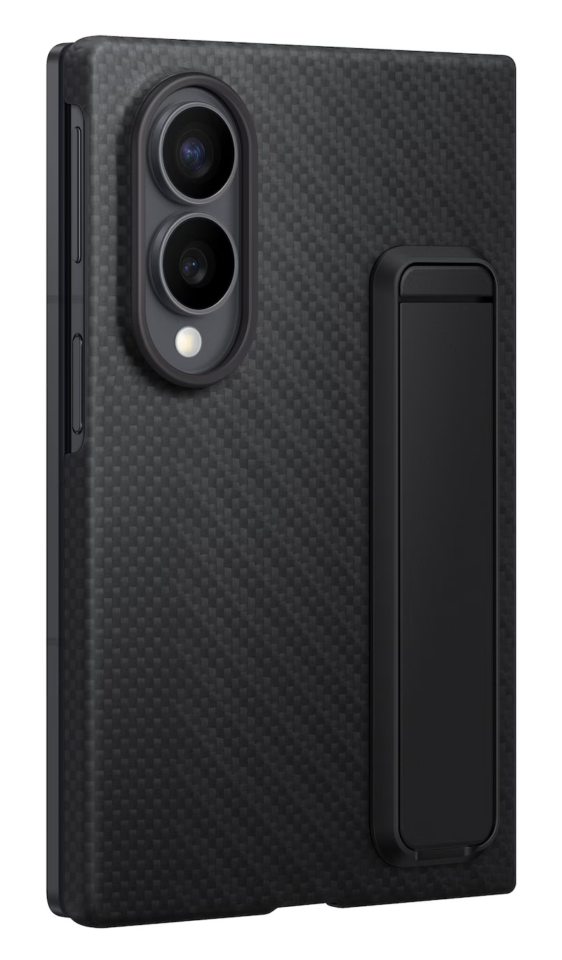 Czarne etui na telefon z wzorem karbonu, podwójnym aparatem i podpórką.