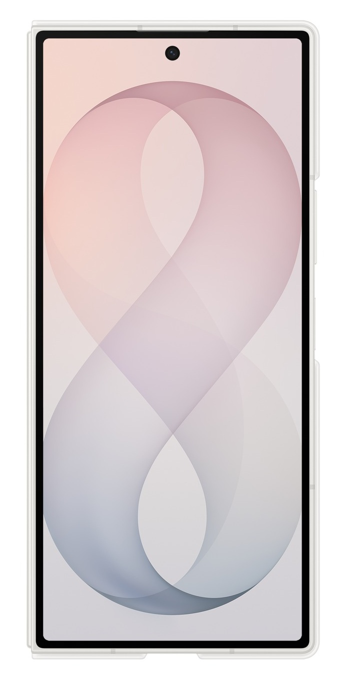 Biały smartfon z abstrakcyjnym, falistym tłem w pastelowych kolorach.