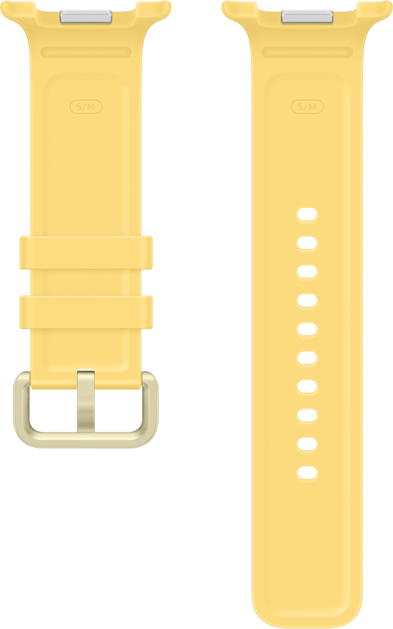 Zwei gelbe Uhrenarmbänder, eines mit Schnalle, das andere mit Löchern.