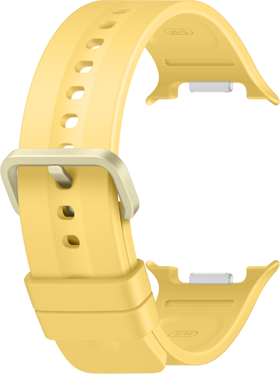 Ein gelbes Uhrenarmband aus Silikon mit Dornschließe und Lochung.