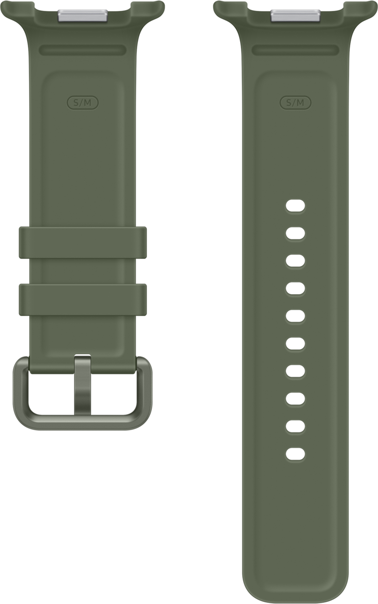 Zwei grüne Uhrenarmbänder nebeneinander, eines mit Schnalle, das andere mit Löchern.