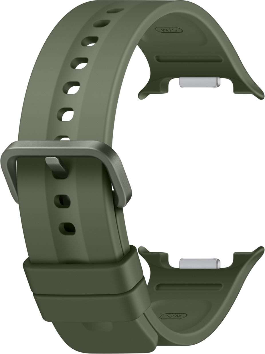 Ein dunkelgrünes Uhrenarmband aus Silikon mit Metallschnalle und Lochmuster.