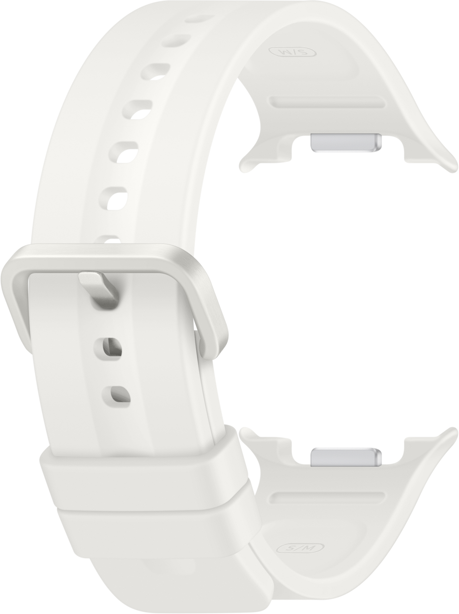 Un cinturino bianco per orologio con fibbia e regolazione a fori.