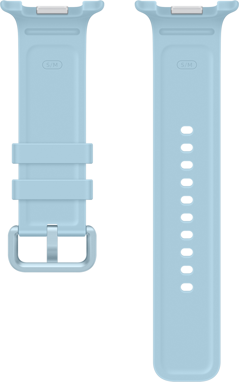Zwei hellblaue Uhrenarmbänder nebeneinander, eines mit Schnalle, das andere mit Löchern.