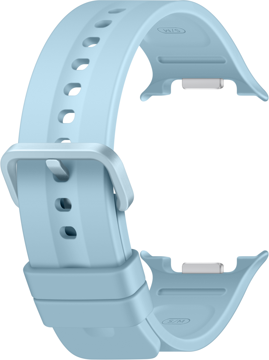 Ein hellblaues Uhrenarmband mit Schnalle und Lochmuster.